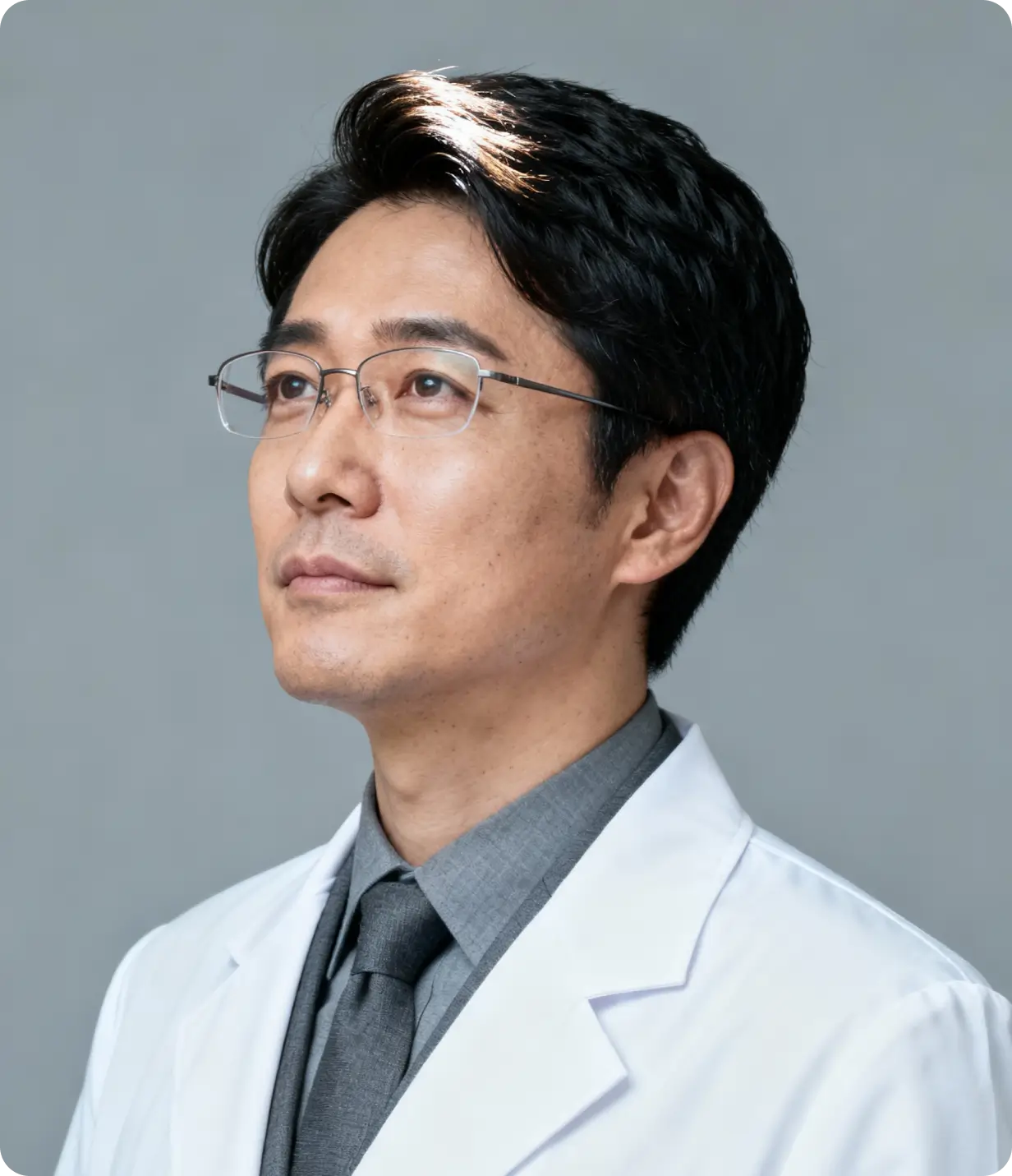 Confident Asian man wearing glasses and a white lab coat looking slightly upward.