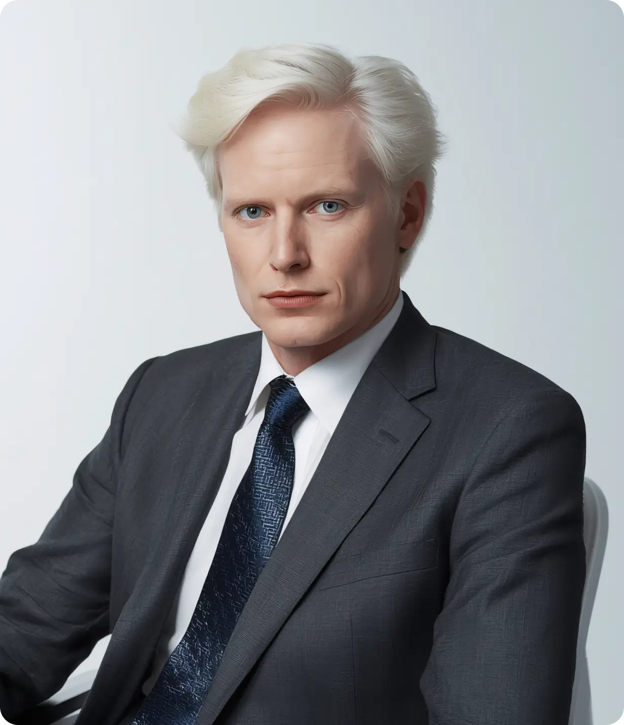 Serious man with platinum blond hair wearing dark suit and blue tie against plain background.