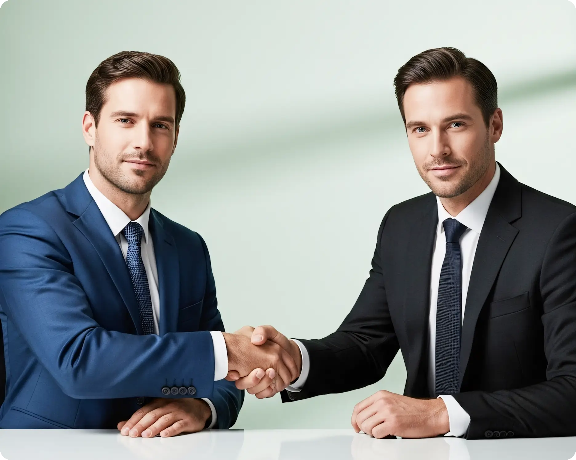 Two men in suits shaking hands over a white table with a light green background.