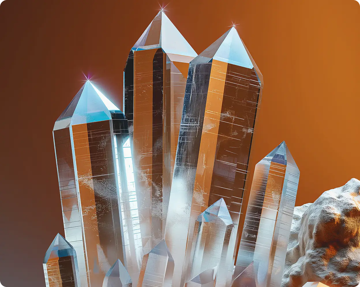 Close-up of clear quartz crystals with sharp points against an orange background.