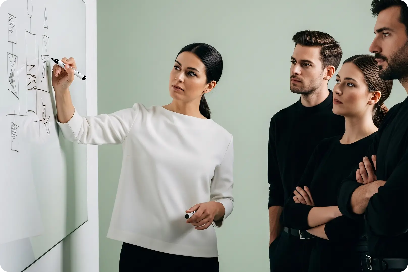 Woman in white shirt explains flowchart on whiteboard to three attentive colleagues in black.
