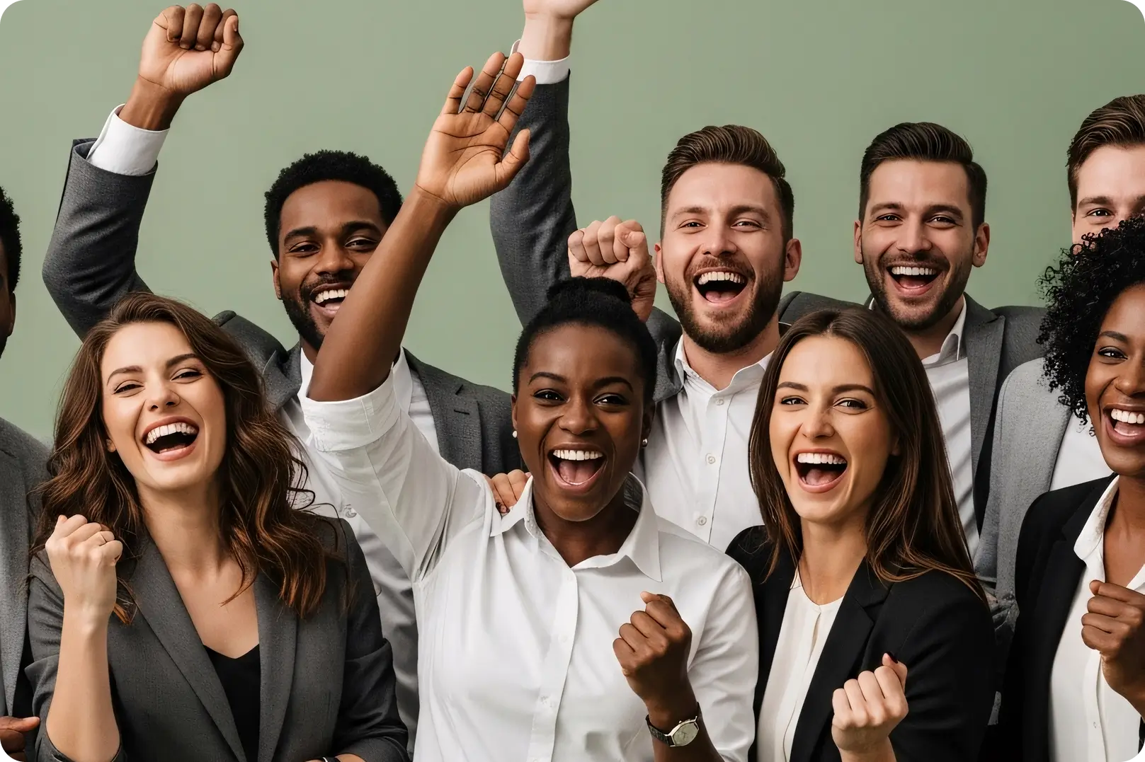 Group of diverse businesspeople cheering and smiling with raised fists and hands.