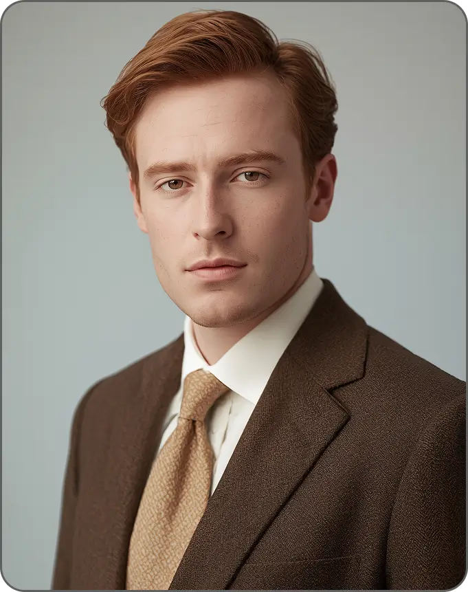 Portrait of a young man with red hair wearing a brown suit and beige tie against a gray background.