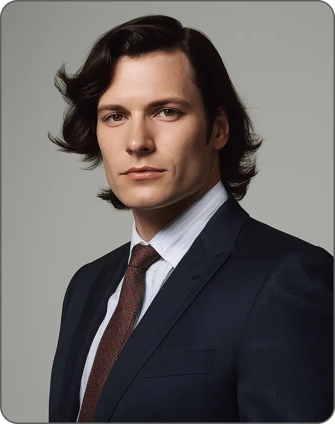 Portrait of a man with wavy dark hair wearing a dark suit, white shirt, and patterned tie.