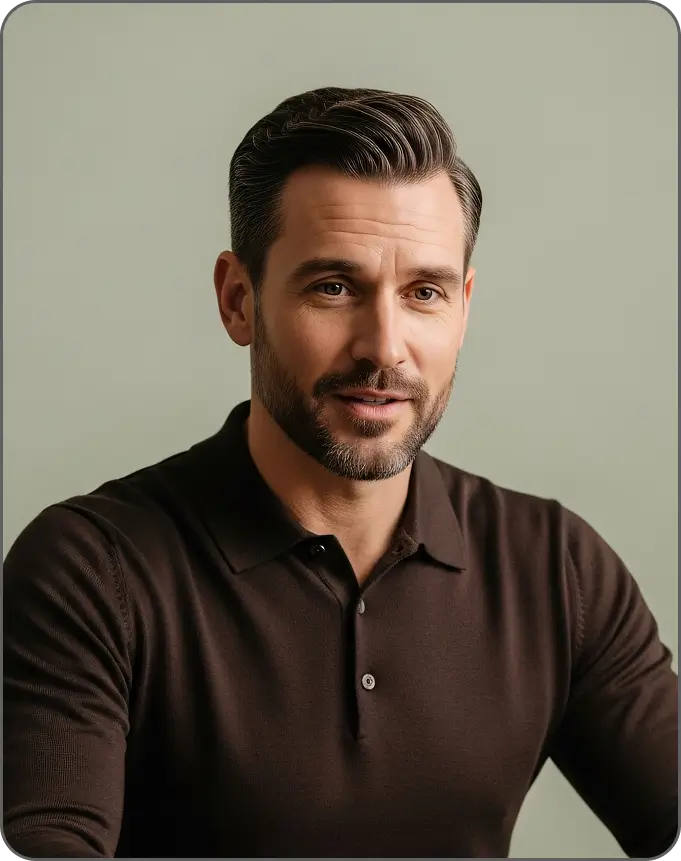 Portrait of a man with dark hair and beard wearing a dark brown collared shirt against a plain background.