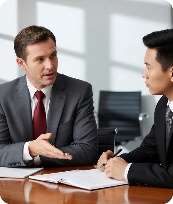 Two businessmen in suits discussing documents at a conference table in an office.