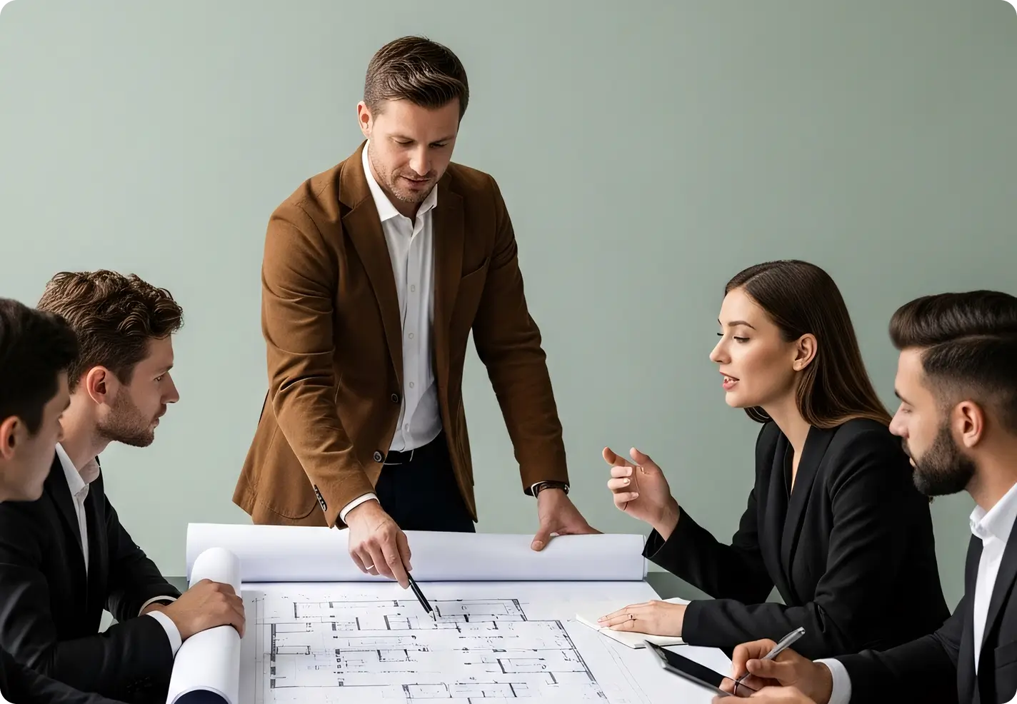 Business team discussing architectural blueprints during a meeting at a white table.