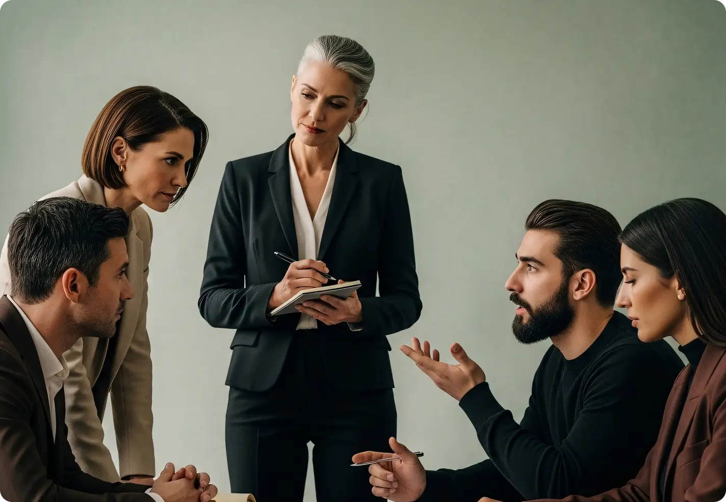 A group of five professionals in discussion; a woman in black takes notes as others talk and listen.
