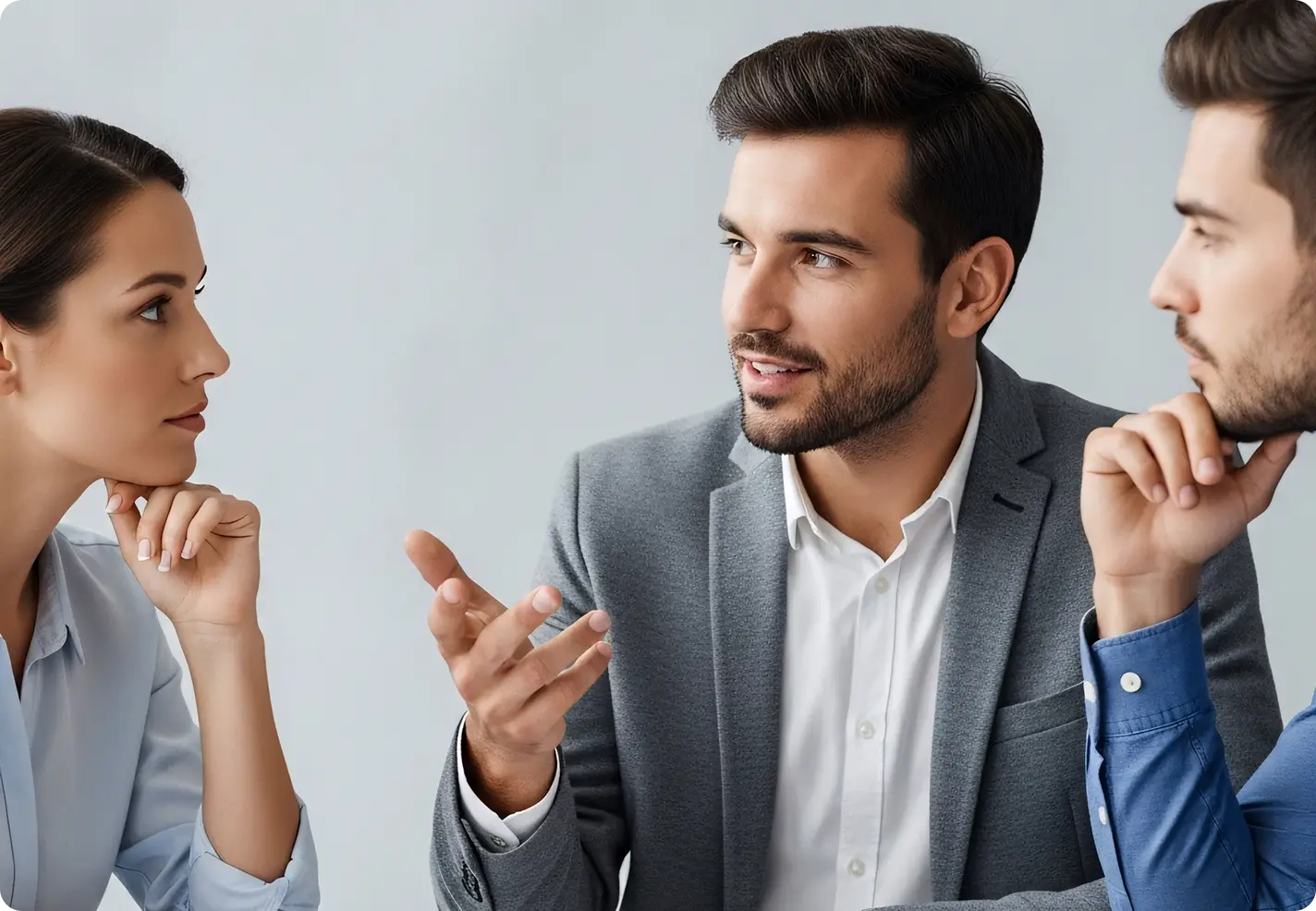 Three young professionals engaged in a focused conversation, two men and one woman.