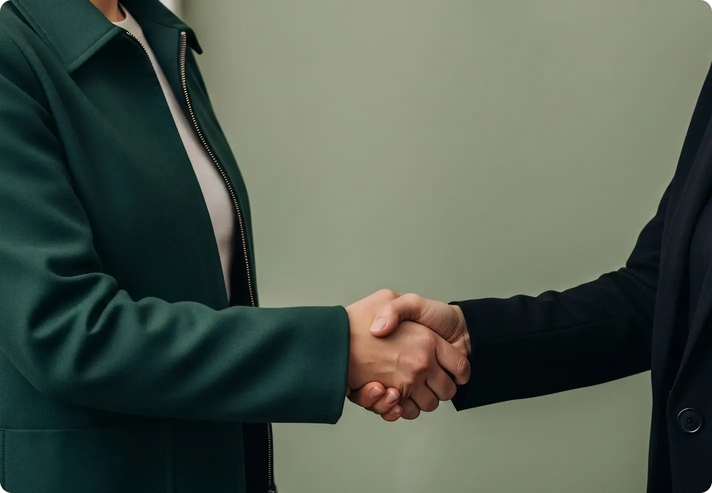Two people shaking hands, one wearing a green coat and the other a black jacket.