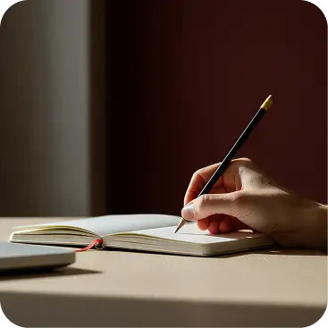 Hand holding a pencil writing in an open notebook on a wooden desk with blurred background.