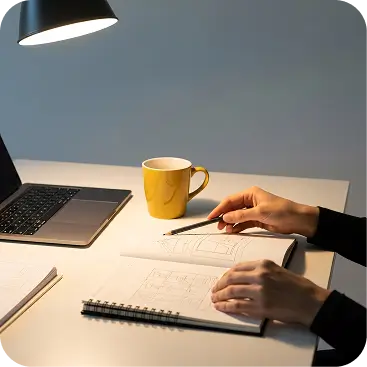 Person sketching architectural drawings in a notebook next to a laptop and yellow mug under a desk lamp.