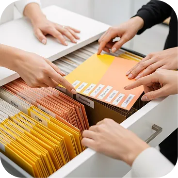 Hands organizing and sorting labeled manila folders in an open filing cabinet drawer.
