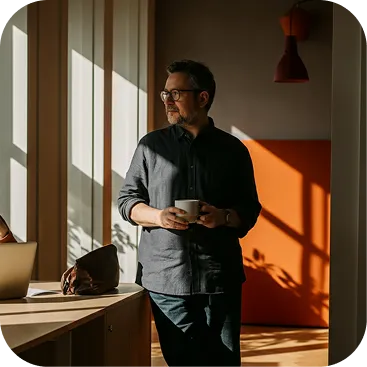 Man with glasses holding a cup, standing by a window with sunlight and shadows inside a room.