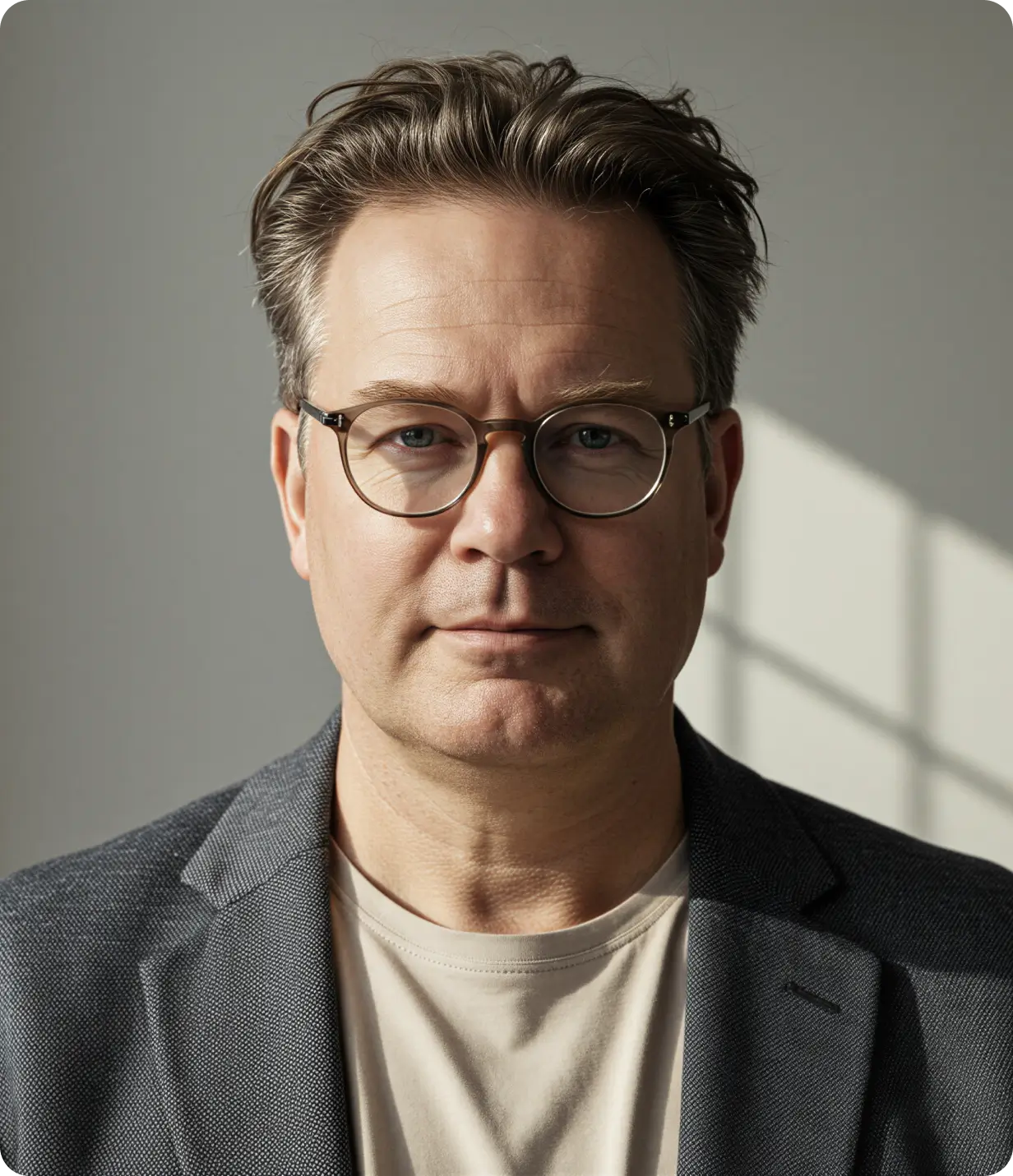 Middle-aged man with glasses, gray blazer, and light shirt in soft natural light.
