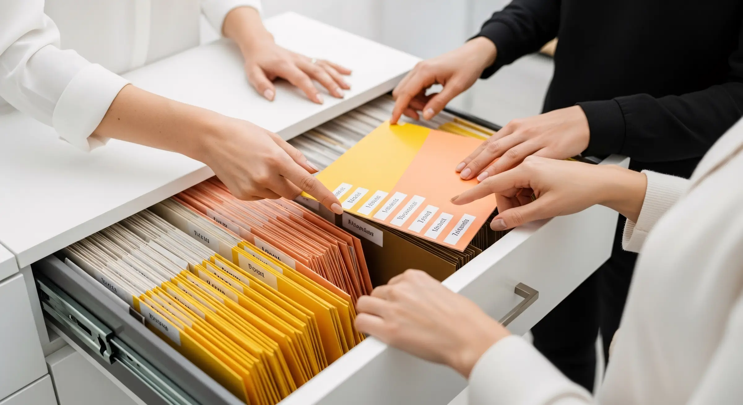 Three people organize and point at labeled file folders in an open white drawer.